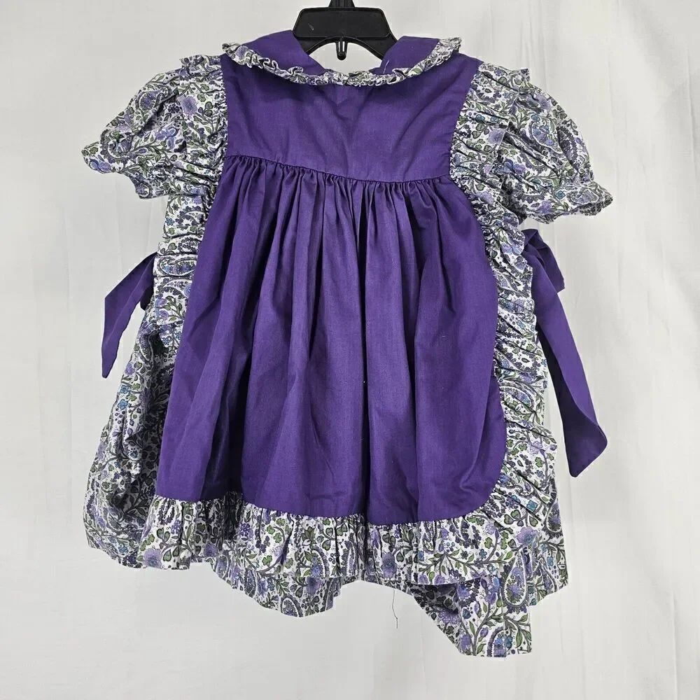 Vintage Purple/ Floral Apron Romper Ruffle Paisley Fits Toddler Girl Size 2
